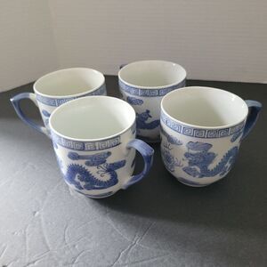 4 Vintage Chinese Dragon coffee Mugs Jingdezhen blue/White Make at Buttom C54
